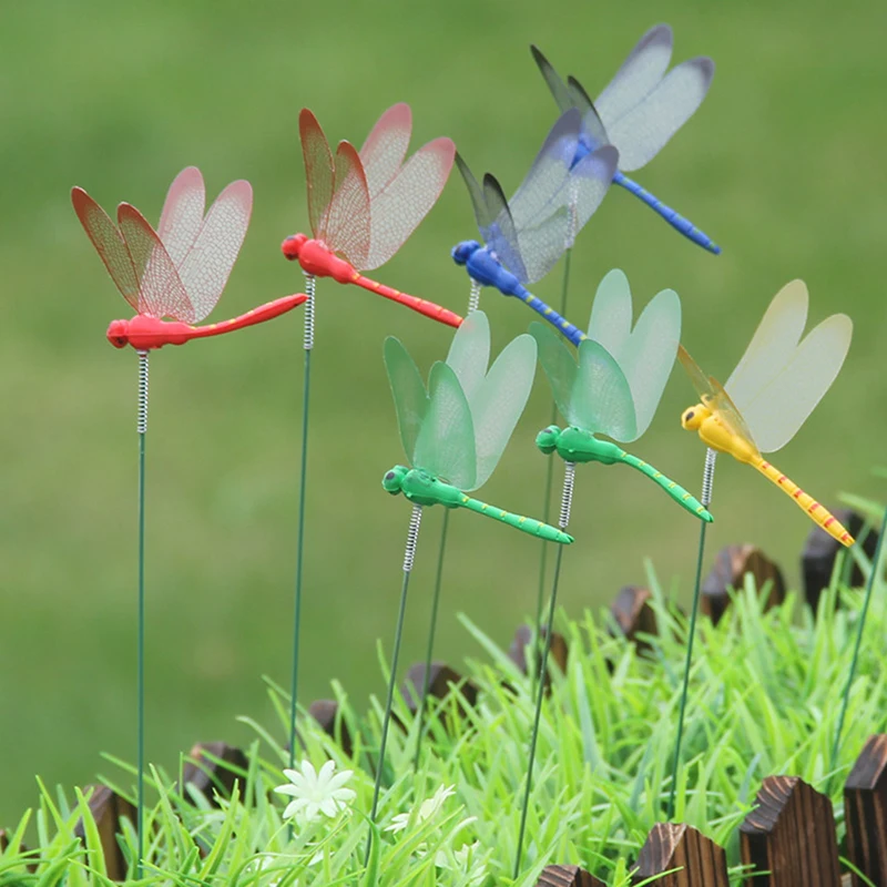 

10Pcs Simulated Colorful Dragonfly Sticks For Outdoor Garden Yard Decoration 8.5cm 3D Dragonfly Planter Flower Pot Ornament