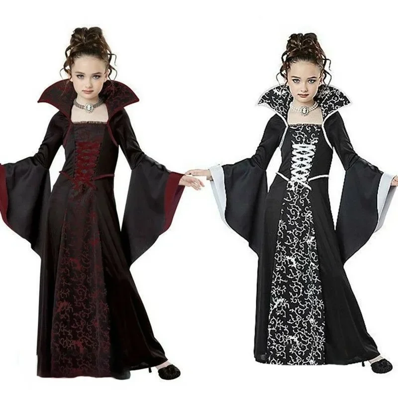 2024 Halloween Medieval Witch Dress Festival Vampire Cosplay Costume for Kids Girl Retro Collar Bell Sleeve Performance Clothes