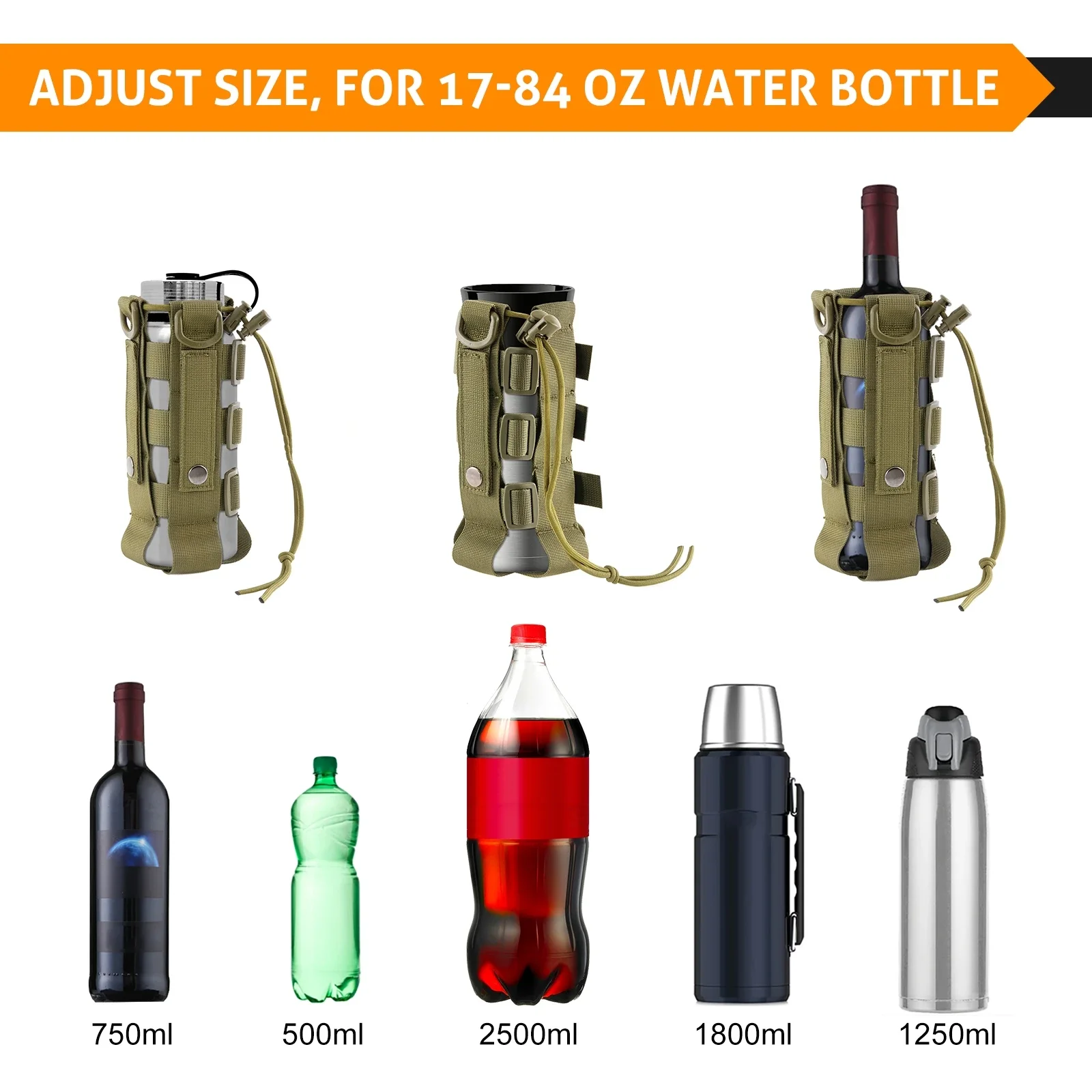 2-Pack Adjustable Molle Water Bottle Bag Tactical Military Outdoor Camping Hiking Travel Drawstring Waters Holder Pouch 0.5-2.5L