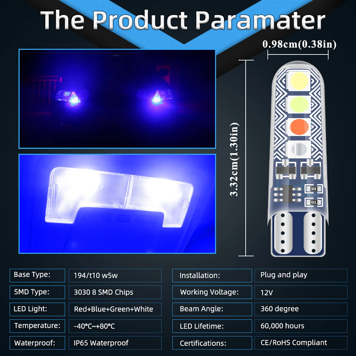 10x T10 W5W RGB LED Strobe Light 3030 Smd 8 LED Car Interior Lighting Reading Bulb Auto Wedge Clearance Light License Plate Lamp