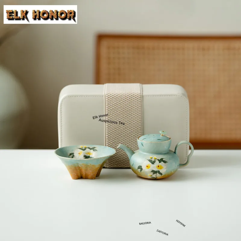 ZAEYORIA Hand-painted Gardenia Travel Tea Set Kit Handmade Cat Shape Cups Tea Brewing Organizer Portable Outdoor Handbag Teaset
