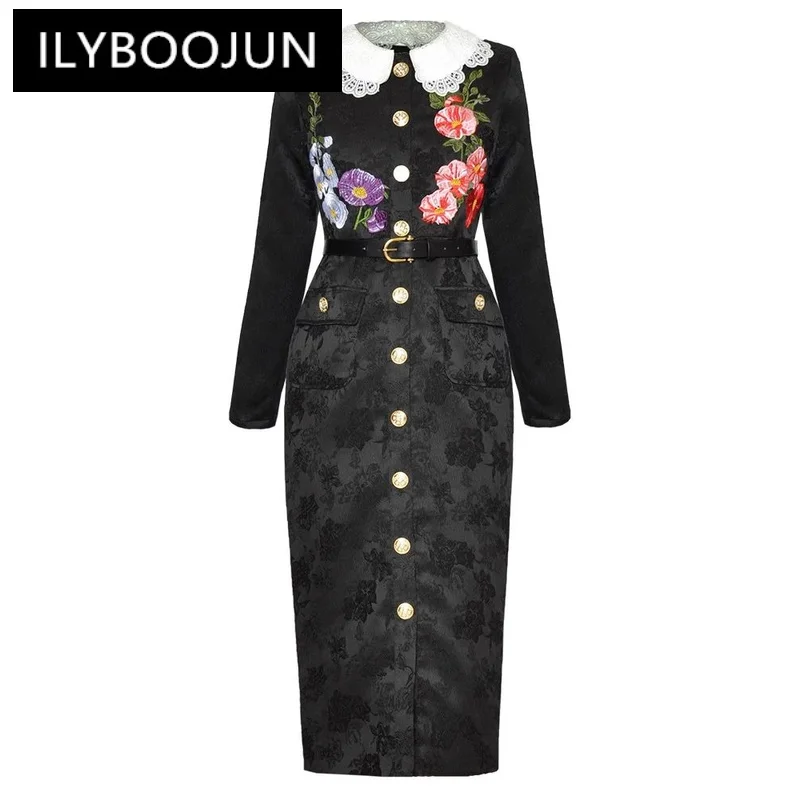 

ILYBOOJUN Fashion Designer Autumn Jacquard Pencil Dress Women Peter pan Collar Long Sleeve Flower Embroidery Vintage Dresses