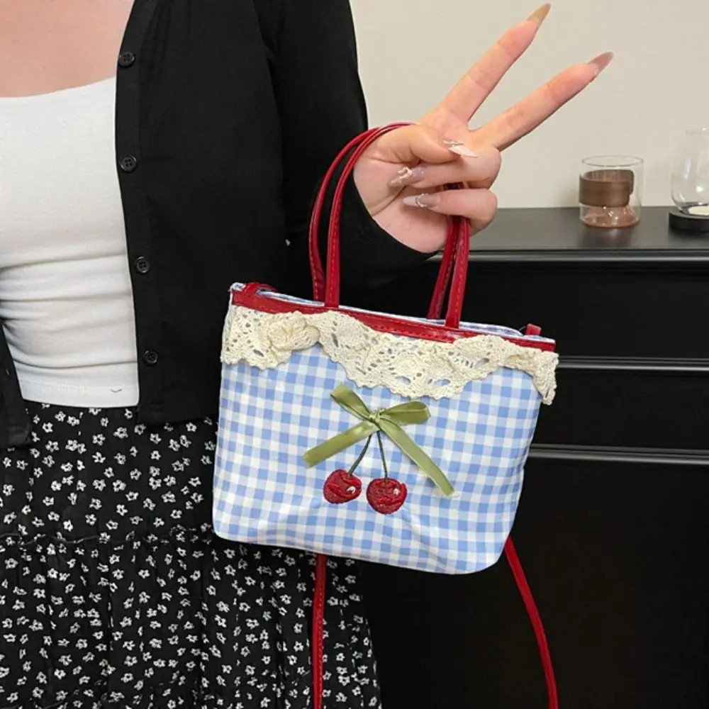 

Rural Style Polka Dot Lattice Cherry Handbag Lovely Leisure Lace Plaid Handbag Bowknot Commuting Sweet Crossbody Bag Travel
