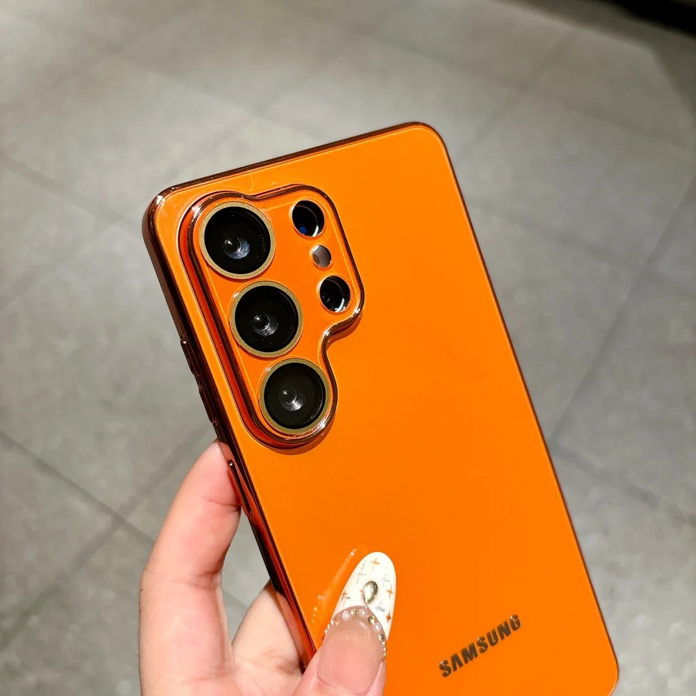 Luxury Solid Color Glass Phone Case For Samsung S26 S25 Ultra S24 FE S23Ultra Plating TPU Bumper Frame Lens Protection Cover