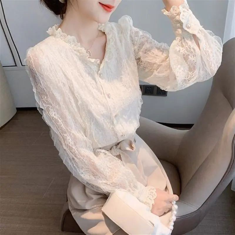 Spring Autumn French V Neck Lace Shirt Top Women\'s Long-sleeved Chiffon Cardigan Bottoming Blouse S-3XL