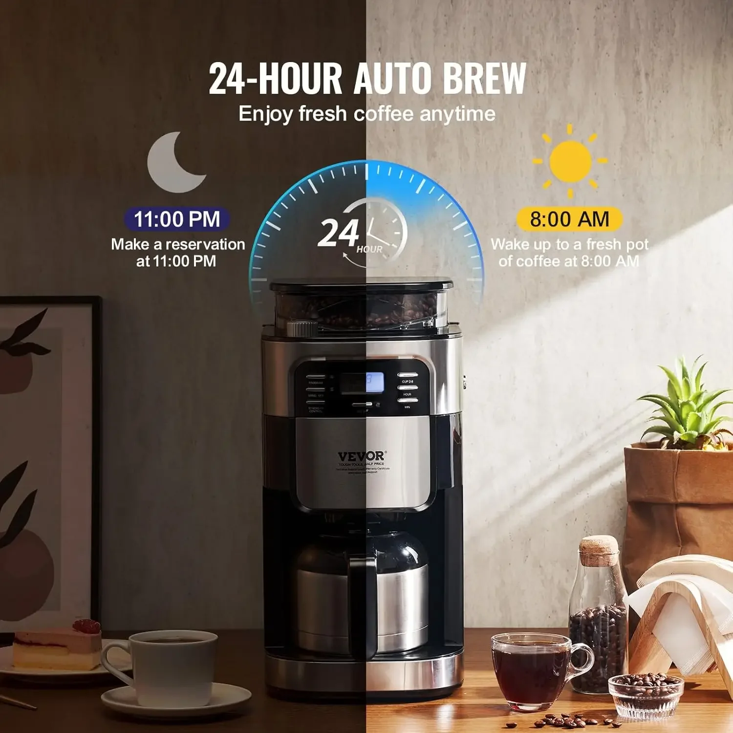 Coffee Maker with Grinder,8 Cup Coffee Machine,Grind and Brew Coffee Maker with 3 Brew Strength Control,24-Hour Timer for Auto