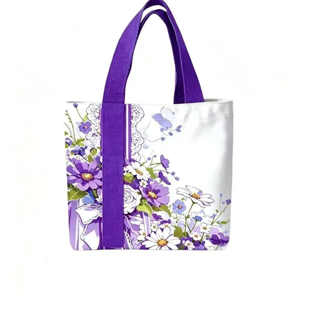 Cute Purple Daisy Canvas Bag Women Fashion Aesthetic Tote Handbag Casual Simple Shoulder Purse For Travel Daily Grocery