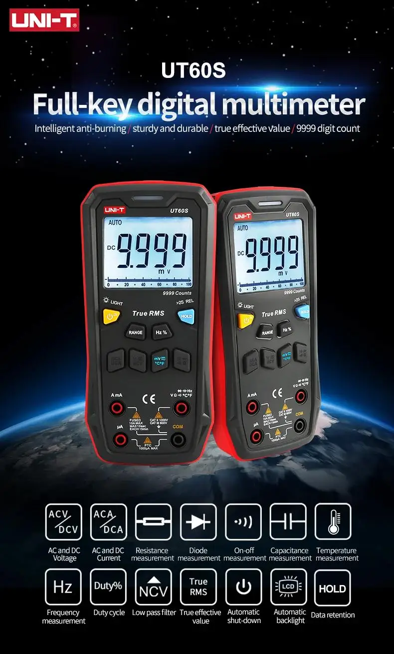 Imagem -03 - Uni-t-digital Multímetro Inteligente Ut60s Ut60bt 1000v ac dc Voltímetro Amperímetro True Rms Medidor de Frequência Capacitor Testador de Temperatura