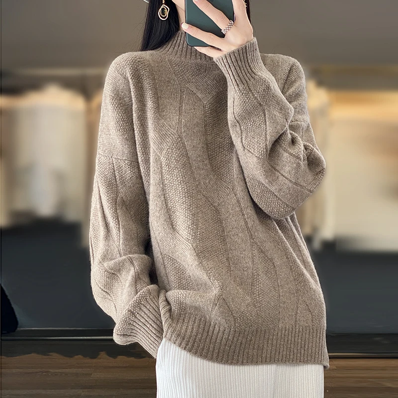 Korean Thickened Semi-turtleneck Sweater For Women 100% Merino Wool Long-sleeved Knit Top Autumn Winter Fashion Twist Sweater