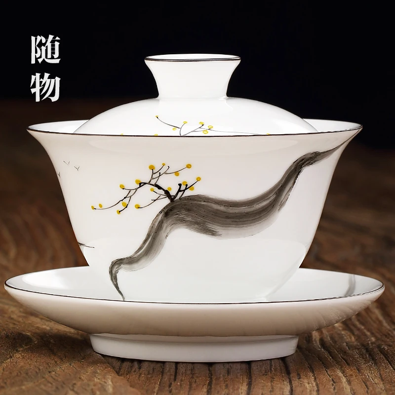 

Chinese Style Hand-painted Cover Cup Jingdezhen CeramiC Sancai Tea Bowl Not Hot To Hand, Single White Porcelain