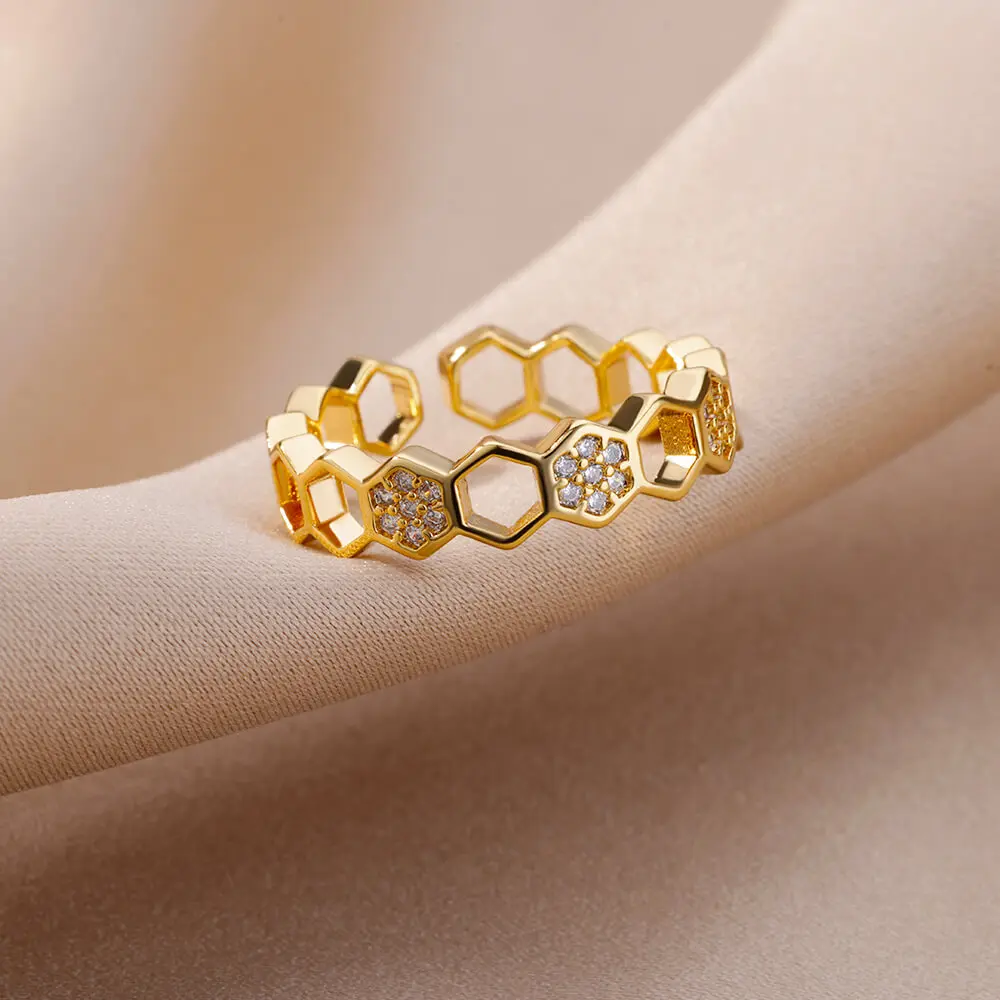 Zircon Hollow Hexagon Ring For Women Stainless Steel Gold Plated Hexagon Shape Opening Ring Wedding Party Aesthetic Jewelry Gift