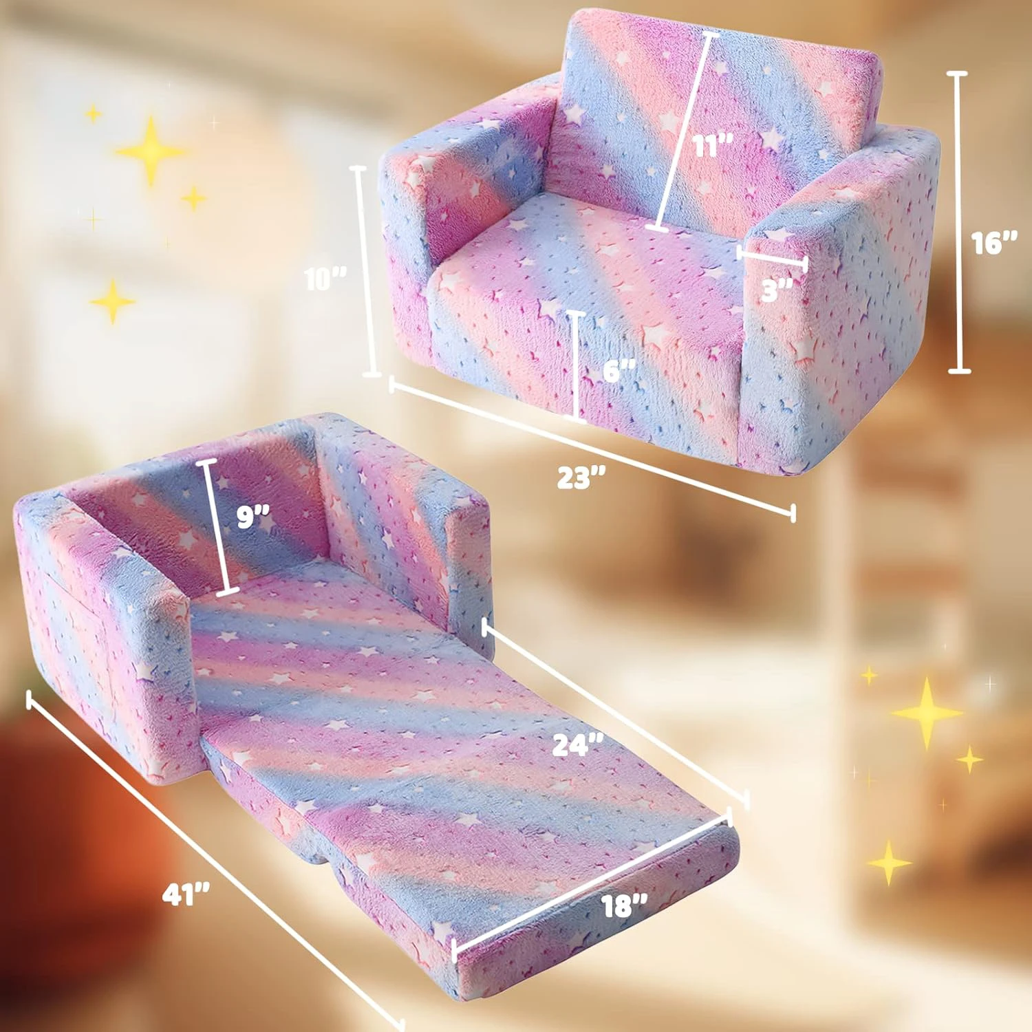 Foldable Kids Sofa, Glow-in-The-Dark Kids Couch Chair, 2-in-1 Convertible Child Recliner Foldable Children Couch Bed