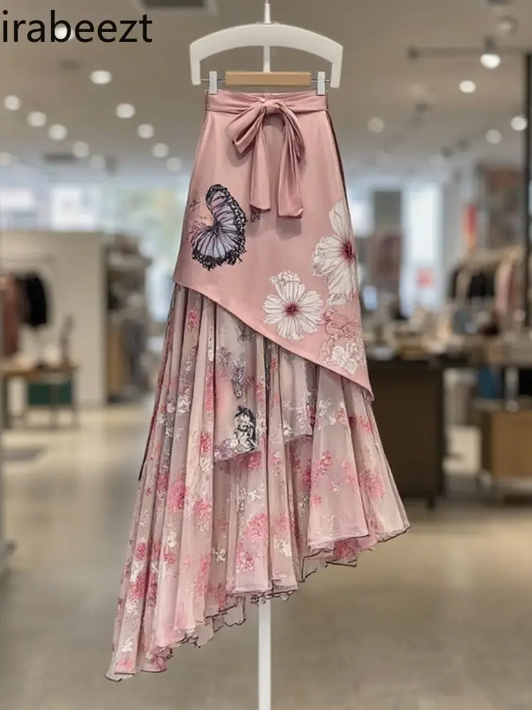 

Elegant Pink Layered Skirt Women Summer New Retro French Style Ruffle High Waist A-Line Midi Skirt Casual Chic Feminine Outfit