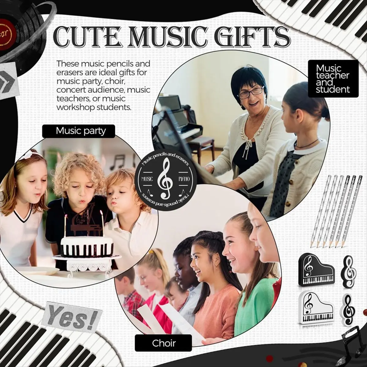 Latest ABBQ-Music Pencils Music Note Pencil with Music Themed Erasers Wood Pencils Bulk Keyboard Fun Pencils Erasers Gift (48 Pc