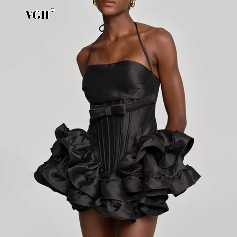 

VGH Cute Slimming Spliced Bowknot Mini Princess Dresses For Women Camisole Sleeveless High Waist Folds Dress Female Fashion New