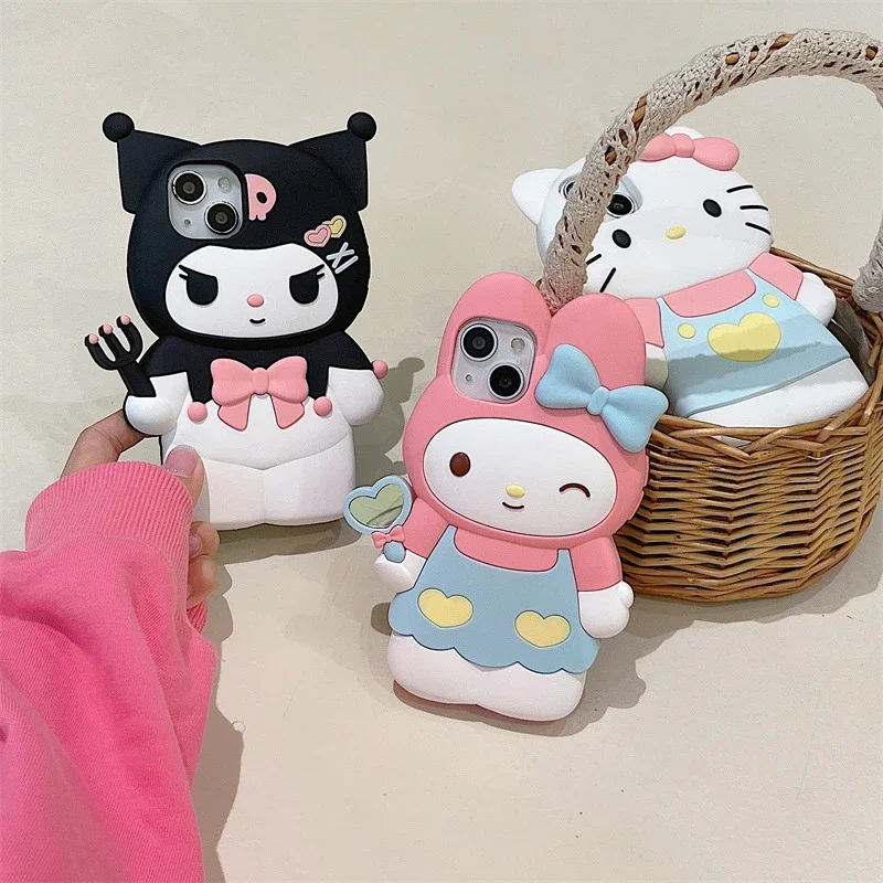 

Sanrio Silicone Phone Case Hello Kitty Kuromi Cinnamoroll Kawaii Cute Cartoon 3D Liquid Silicone Anti-drop Protective Cover Gift