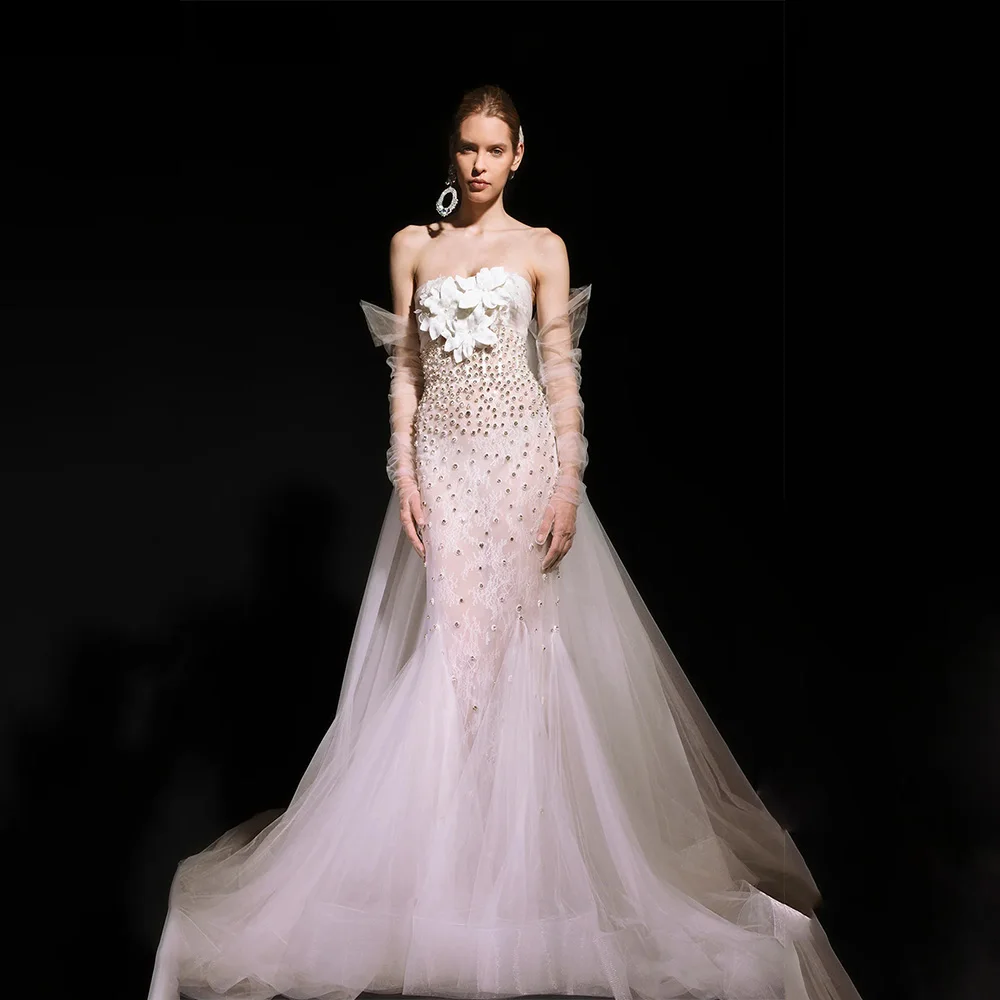 

Customized Elegant Tulle Lace Rhinestone Handmade Flower Pearl Pleat Trumpet Off-the-shoulder Long Dresses Evening Dresses Sexy