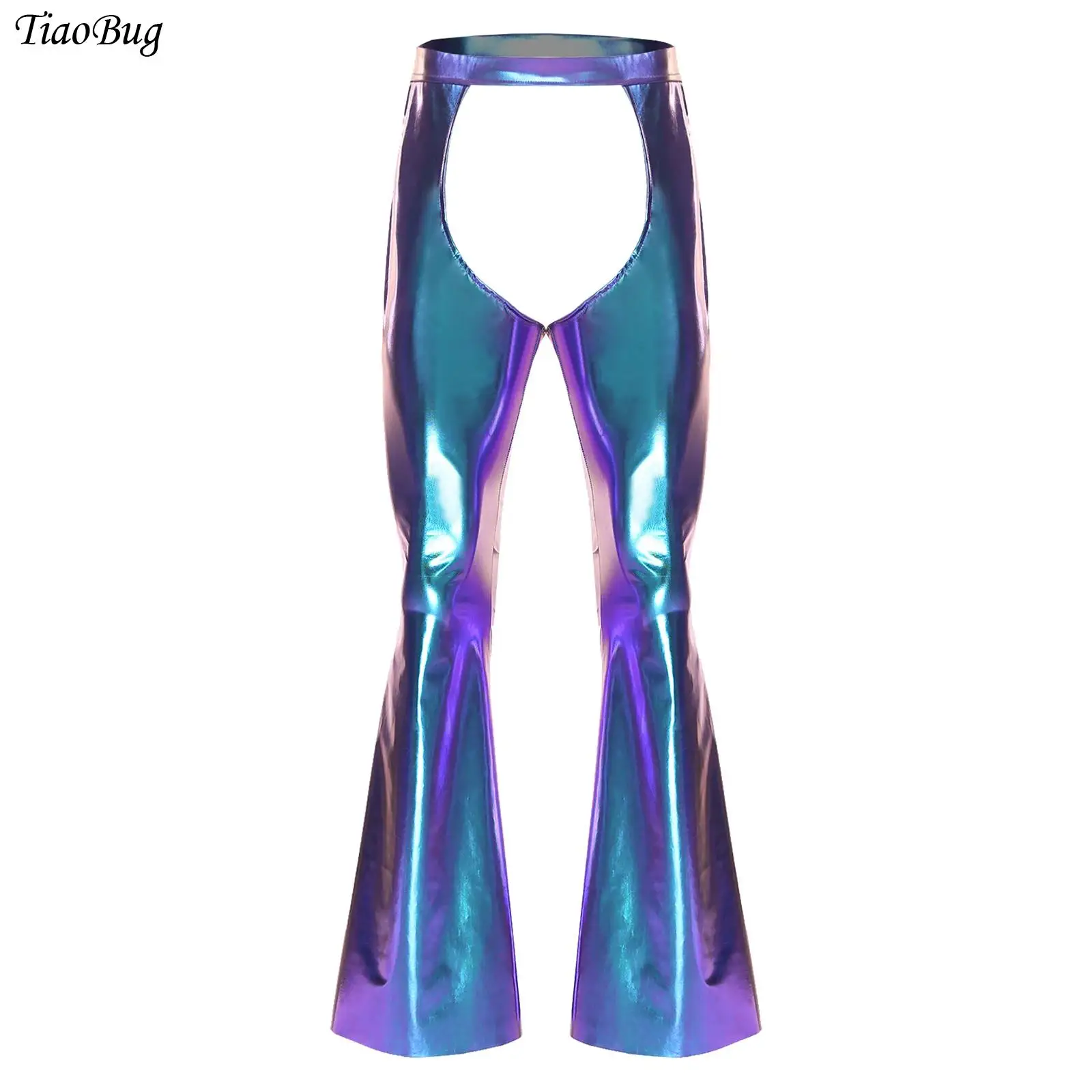 

Men Open Crotch Metallic Disco Dance Flared Pants Chaps Elastic Waistband Bell-Bottom Trousers Carnivals Nightclub Rave Costumes