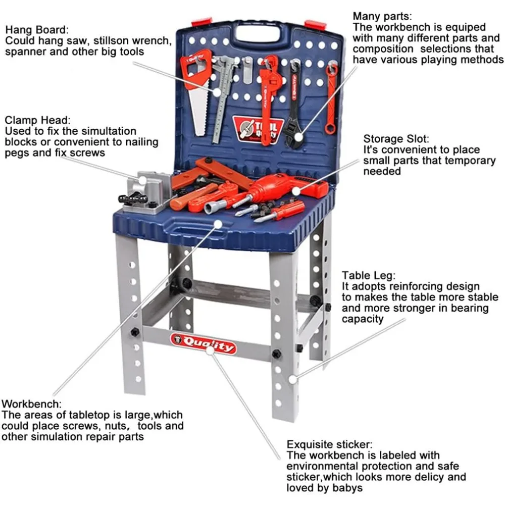 منضدة أدوات ألعاب للأطفال مع أدوات واقعية ومثقاب كهربائي للعب التظاهري ورشة عمل البناء أدوات بناء الجذعية #5