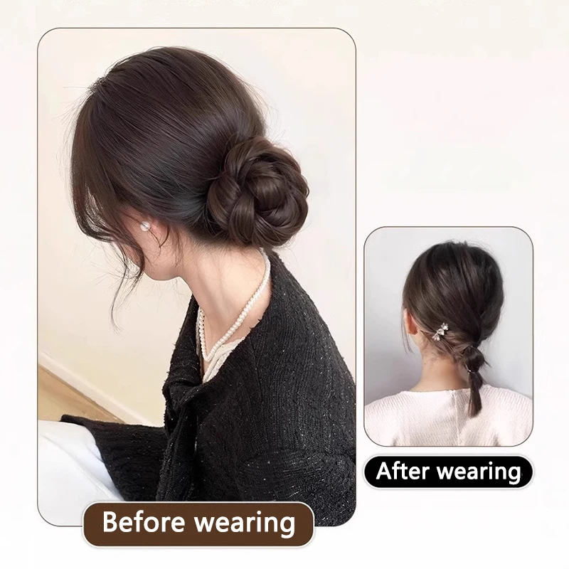 A Wig for Women, a Pair of Hairpins, a Laid-Back Flower Bud Bun Hair Bun at the Back of the Head, a Fluffy False Hair Bun