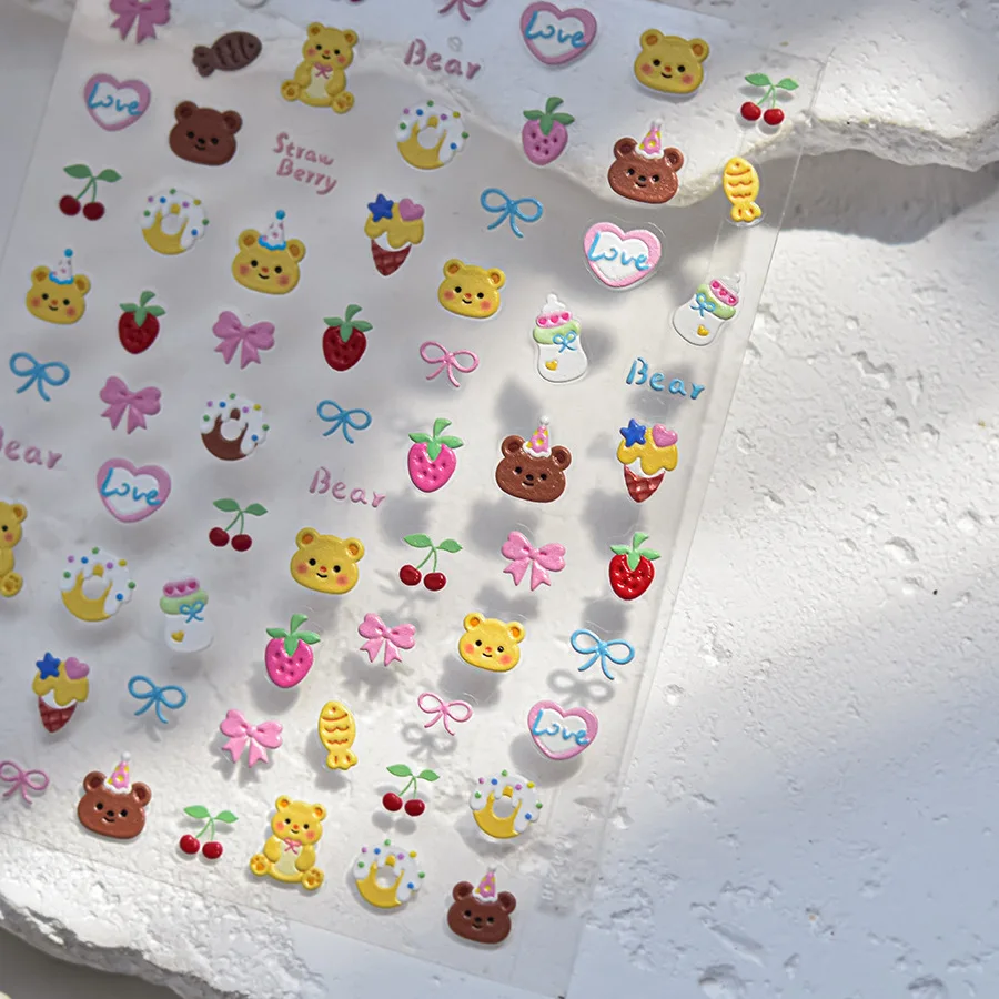 Cowboy Bear Lace Star Cherry Button Love Heart Bowknot Rhinestone 5D Nail Art Sticker Self Adhesive Decorations Manicure Decal