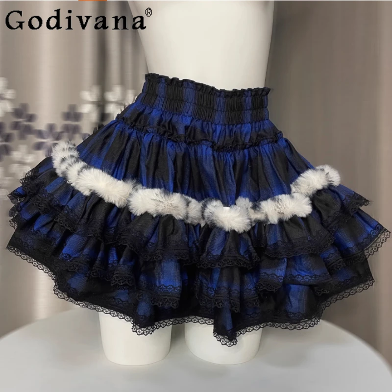 

New Personalized Subculture Black White Plaid Sweet Lace Cake Skirt Spring Autumn Fashion Elastic Waist Splicing Short Skirts