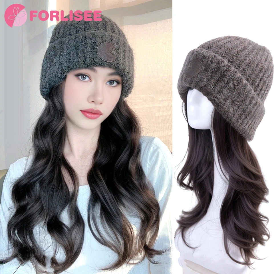 FORLISEE  Synthetic Hat Wig For Women With Long Hair Fashionable Autumn And Winter Warm Wool Knitted Beanie Curly Hair Wig Hat