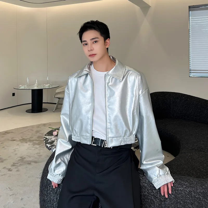 

Серебристая глянцевая куртка из искусственной кожи для мужчин, осенне-зимняя, с отложным воротником, модная, брендовая, трендовая, в корейском стиле, кожаная...
