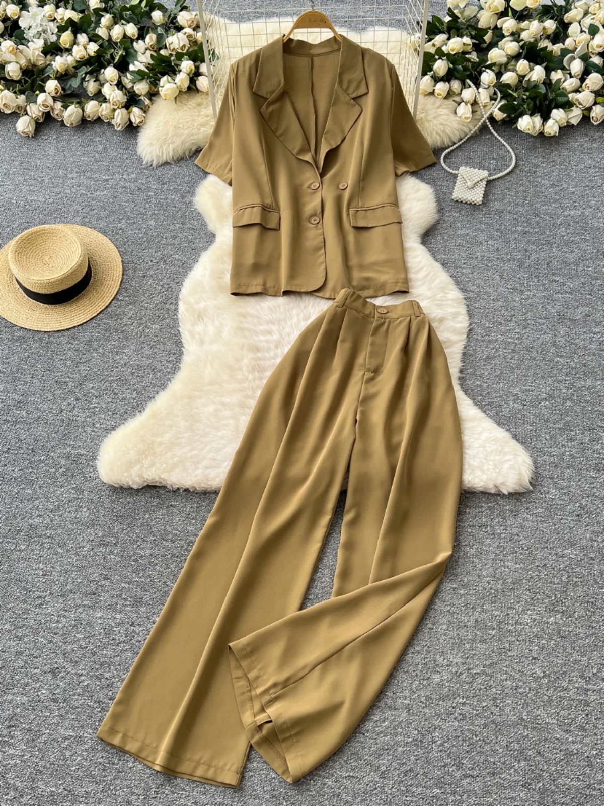 

Casual Summer Outfit Women's Loose ort Sve Suit Collar High Waist Wide Leg Pants Set Lightweight Mature Sle