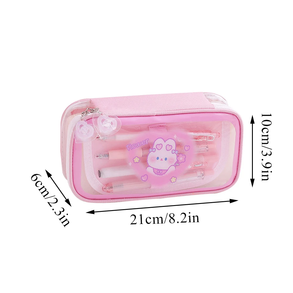 Large Capacity Cartoon Pencil Case Transparent Cosmetic Bag Waterproof Pen Case Cute Rabbit Student School Stationery Pencil Bag