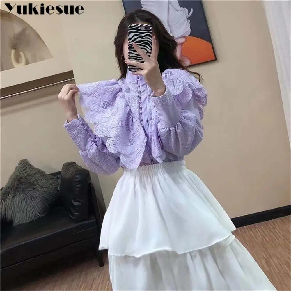 2022 Office shirts & blouses Sweet Ruffles Lace Blouse Women\'s Stand Collar Lantern Sleeve Elegant Vintage blusas Women top