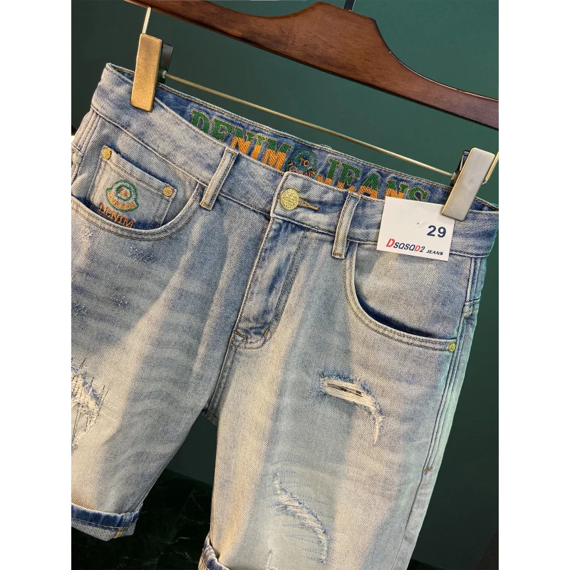 メンズリップドデニムショーツ、夏用薄手、おしゃれ、カジュアル、かっこいい、ウォッシュドライトブルー、スリムフィット、ミドル丈パンツ