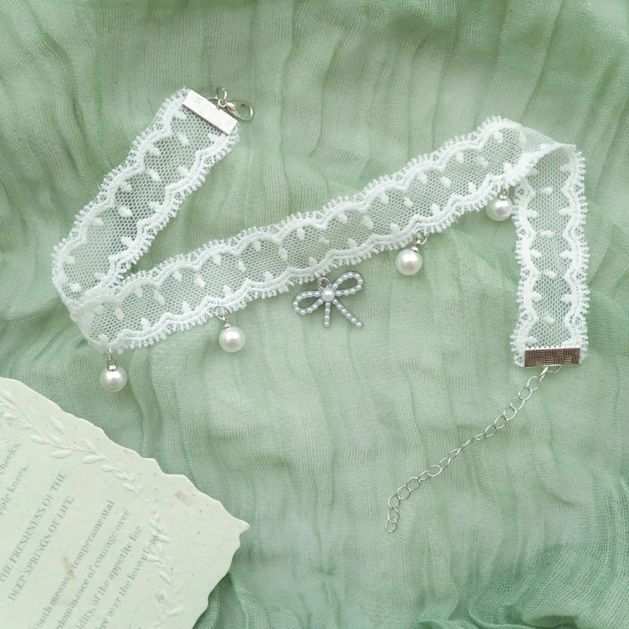 White Lace Sexy Choker for Women Fashion Sparkling Bow with Pearls Necklace Clavicle Lady Jewelry Accessories Girl Gift