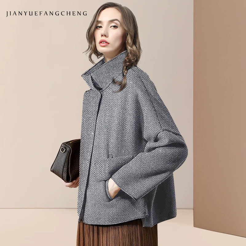 2024 Fall Winter New Women' Grey Woolen Windproof Jacket Loose Long Sleeve Warm Cozy Retro Female Winter Top Coats