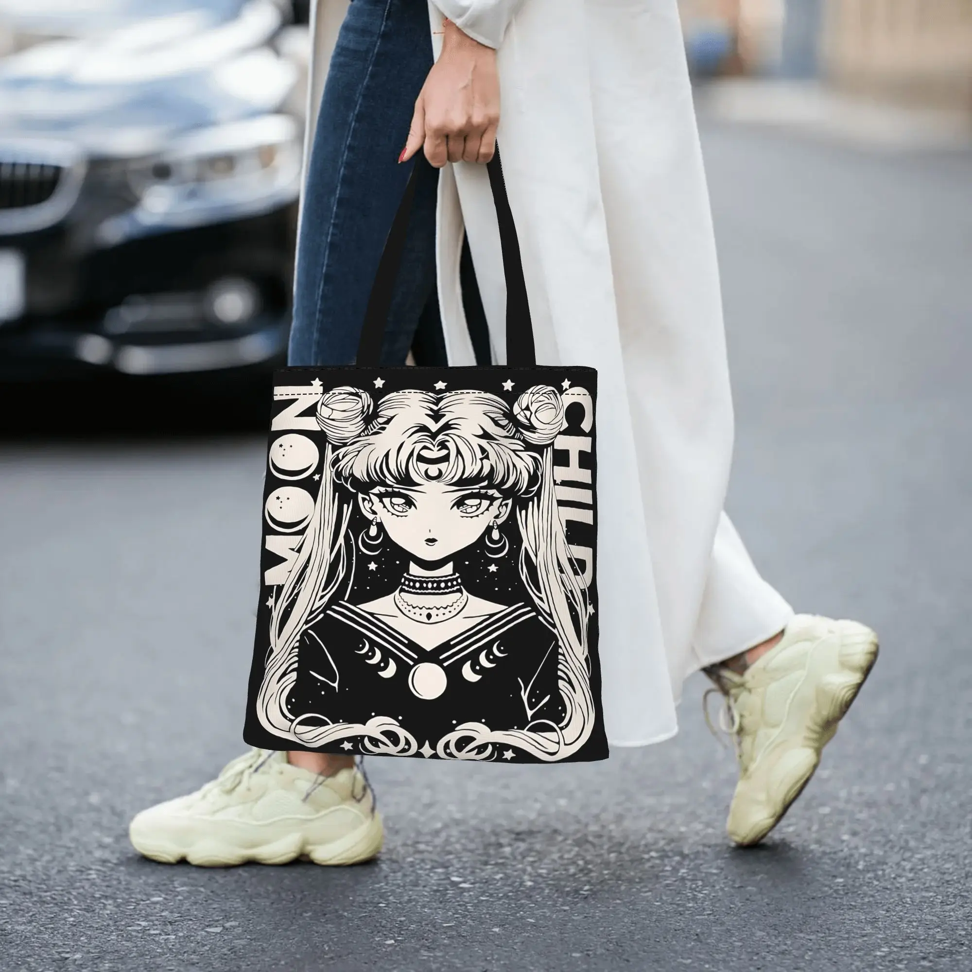 Customized Sailor Moon Women's Bag Shopping Bag Reusable Double Sided Canvas Tote Bag Shoulder  Handbag