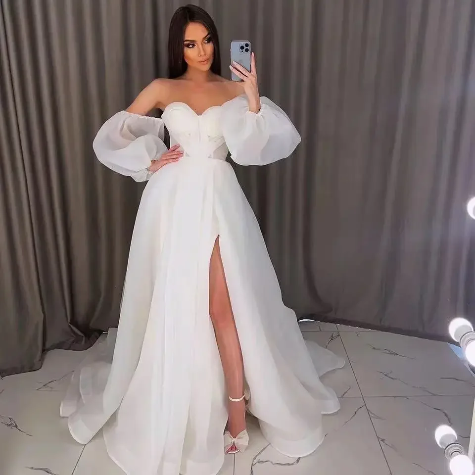 Elegant Strapless Puffy Sleeves Wedding Dress Sexy Open Back High Slit Princess Bridal Gowns Robe De Mariée Vestido De Noiva