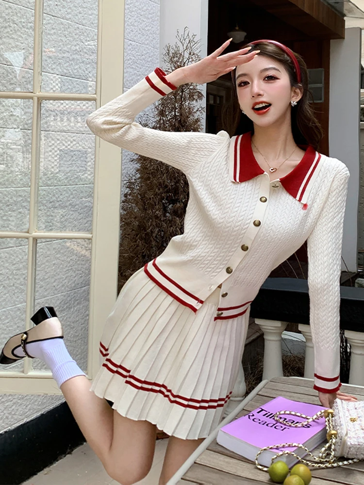 Sweet Autumn Knitted Two Piece Set For Women Elegant Single Breasted Lapel Cardigan Tops + Elastic Waist Mini Pleated Skirt Suit