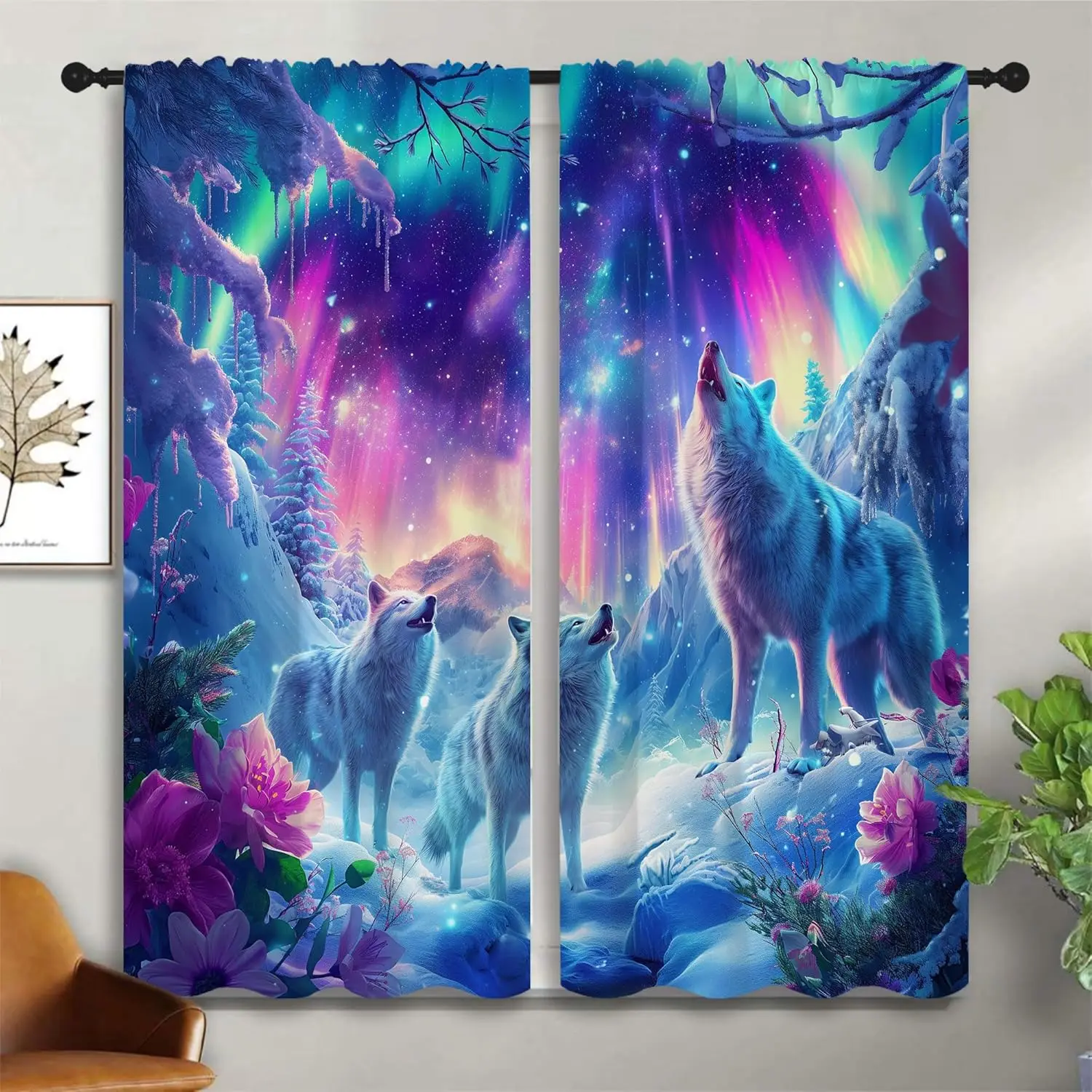 Wolf Blackout Curtains for Boys Girl Bedroom Decor,Howling Wolf Aurora Nature Snowy Scenery Thermal Insulated Rod Pocket Drapes