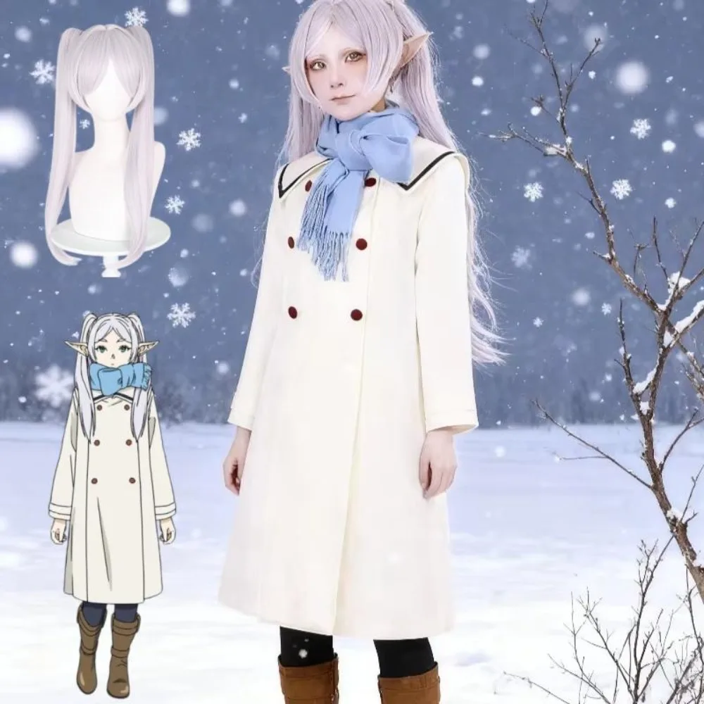 Anime Frieren Beyond Journey's End Damenmantel Kleid Blauer Schal Niedlicher Winter Weißer Wollmantel Weihnachtsset Cosplay Kostüm