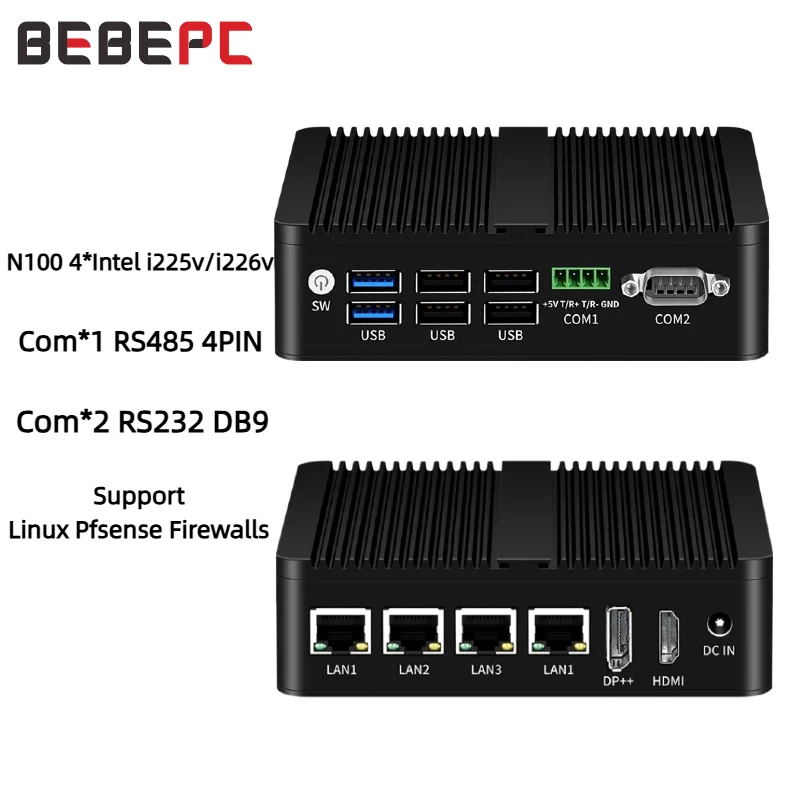 Mini Computer Intel Processor N100 Fanless Industrial 4x LAN Ports 2x COM RS485 RS232 Win11 Linux Pfsense Firewalls Soft Router