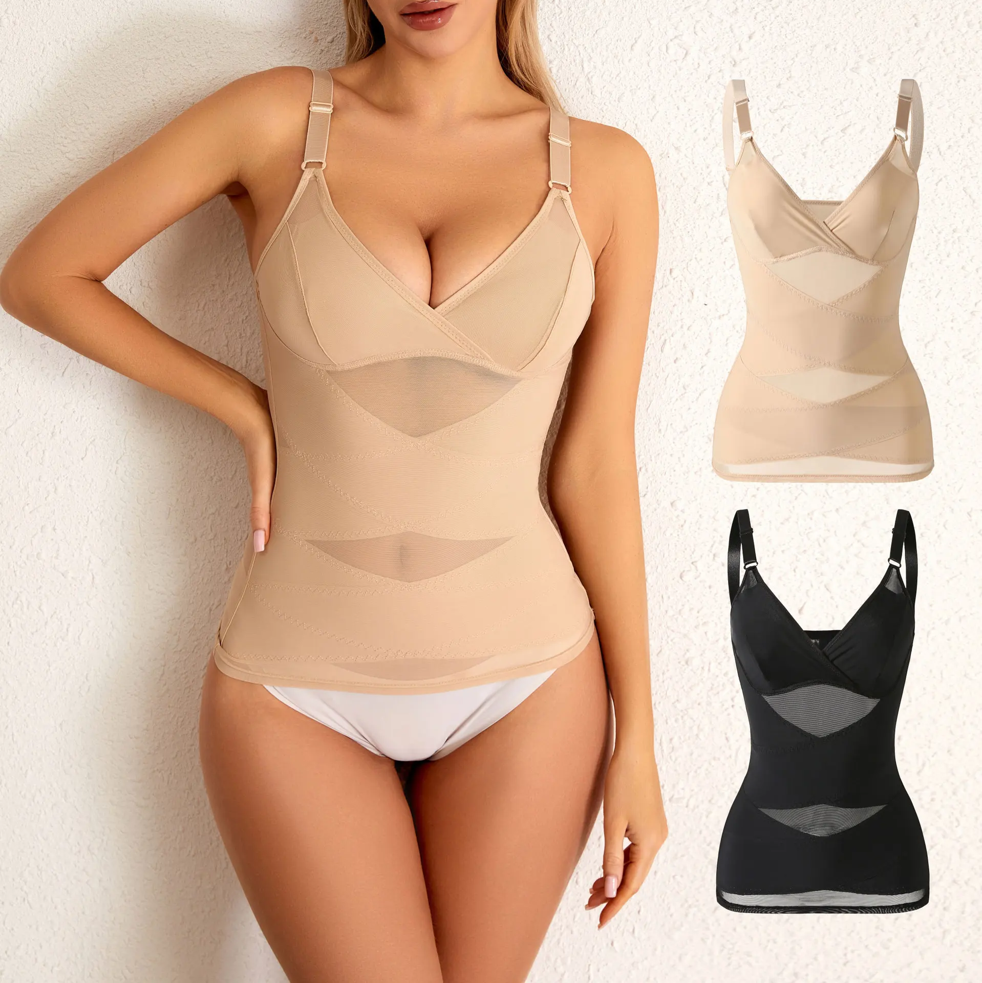 

Women Built in bra Tank Top Compression Cross Mesh Corset Tummy Control Body Shaper V Neck Slimming Bustier Sexy Underwear