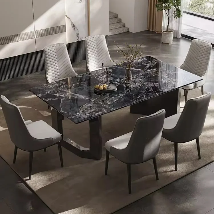 Qiaotai Furniture Modern Marble Dining Table Set Luxury Dining Room Furniture Stainless Steel Feet Dining Table Set For 8