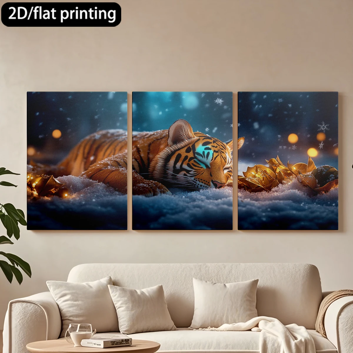 

3pc wooden frame canvas decorative paintingMajestic tiger sleeps, snowy landscape.Corridor bedroom decoration