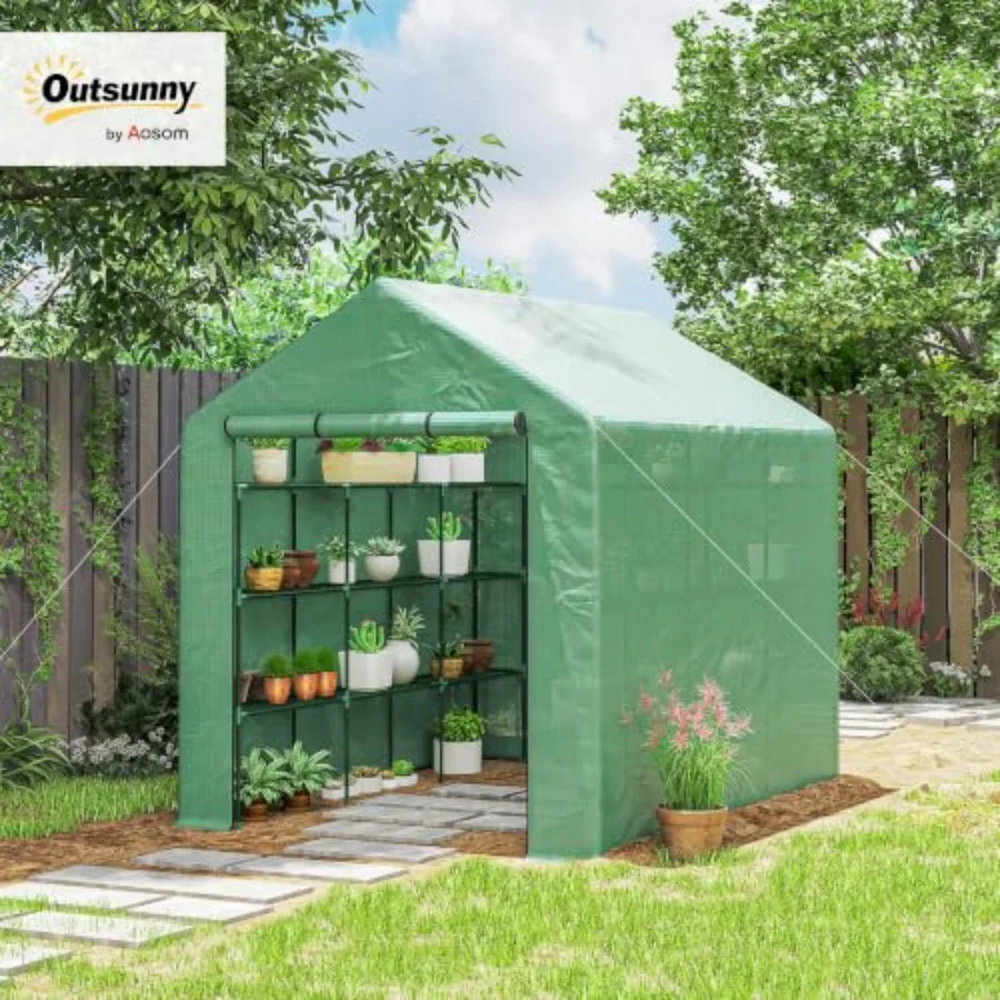 Walk-in house PE cover for storage use, white, durable and weather-resistant with 4-tier shelves