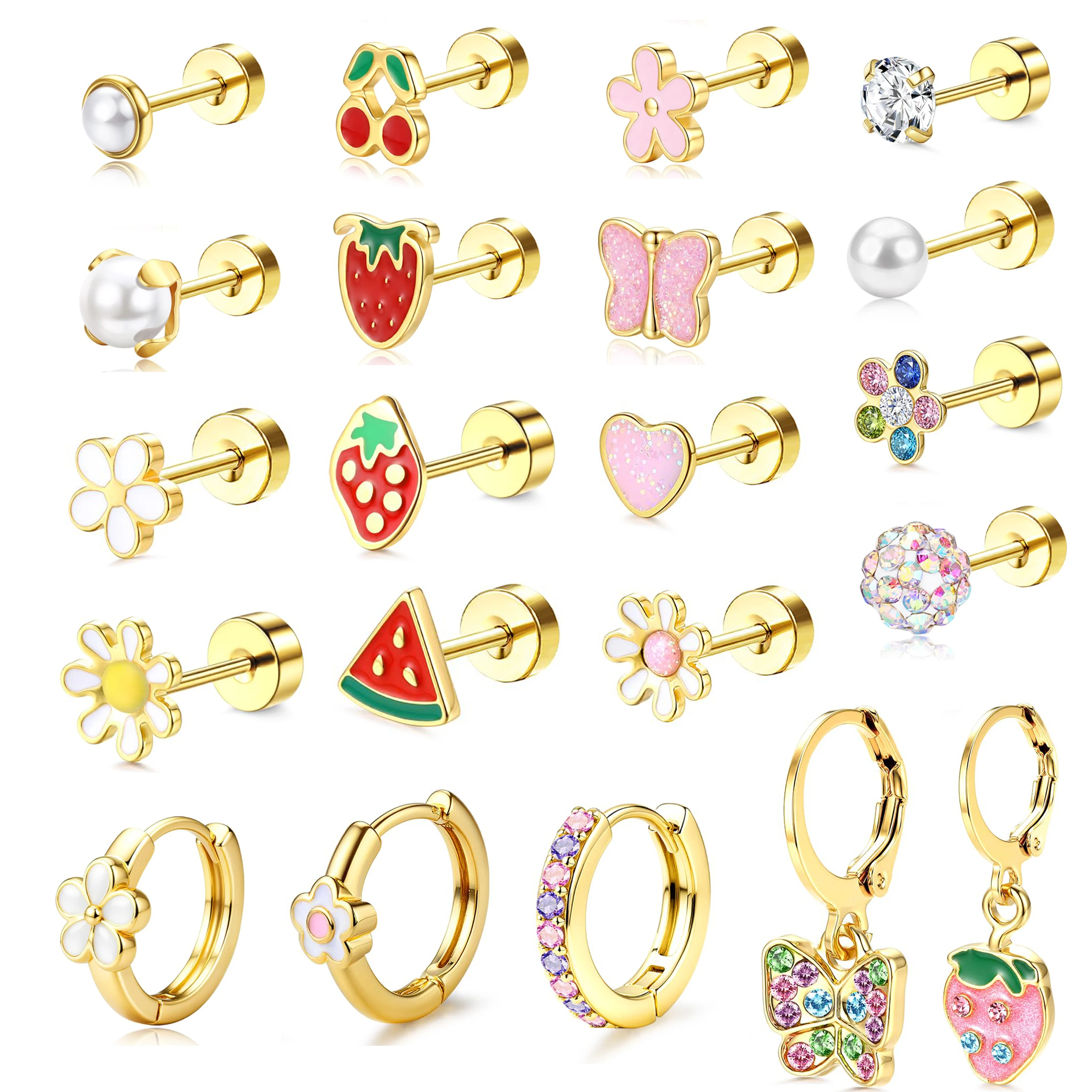 Bobisty 1PC Cute Stud Earrings for Women Butterfly Flower Flat Back Surgical Steel Earring for Sensitive Ears Piercing Jewelry