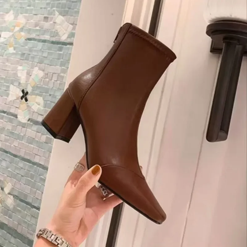 2024 Hot Sale Women's Shoes Back Zip Women's Boots Fashion Square Toe Office and Career High Quality Solid Mid-Calf Bootszapatos image 5
