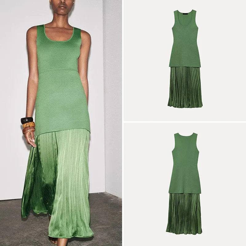 

Z Spring New Faion Knitted Dr with Pleats Splice Street Sle Svel U-Ne Polyester Fiber 00% Gown