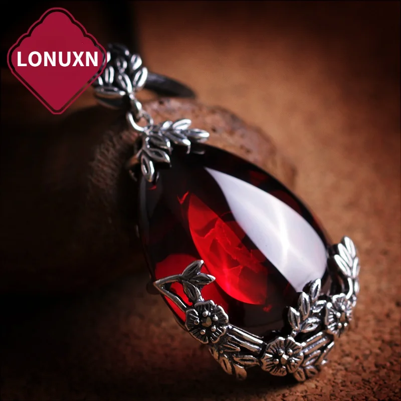 High Quality 925 Sterling Silver Rose Flowers Necklace Natural Stone Red Garnet Drop Pendant with Chain Bohemia Women Jewelry