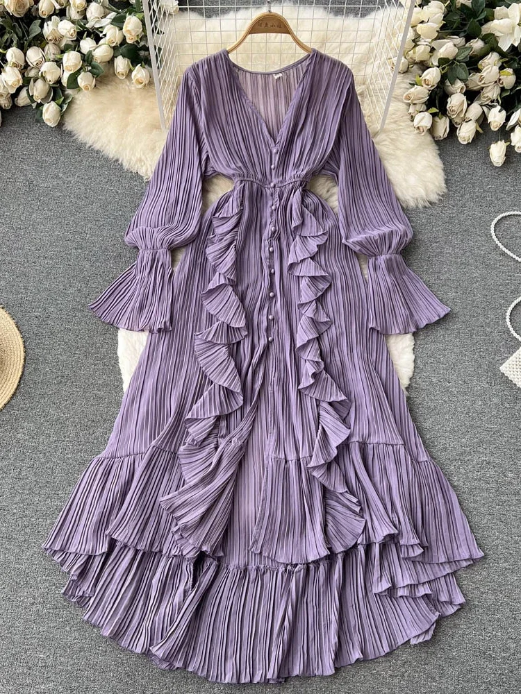 Beach Chiffon Dress Women Elegant  Lotus Leaf Lace V-Neck Pleated Long Dresses Ladies Single Breasted A-line Vintage Long Robe