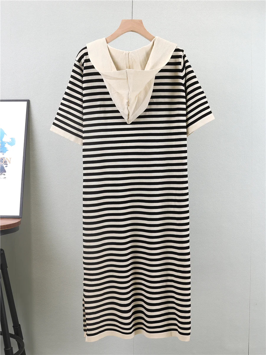 Herfst Winter Losse Afslankende Capuchon College Sle Casual Gebreide Dr mid Lengte Slit Damesrok A-lijn Gestreept Patroon